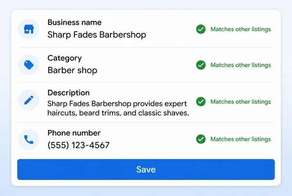 A Google Business Profile information screen for a barber shop with four matched, ticked fields