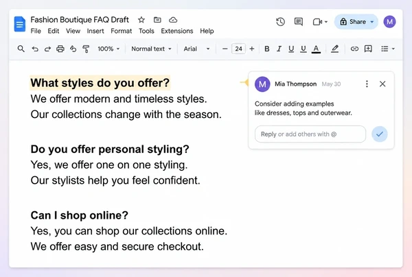 A Google Docs draft for a fashion boutique with three question headings and a short answer under each