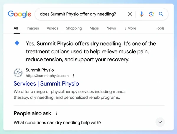 A Google results page where a generated answer about a physiotherapy practice service names the business