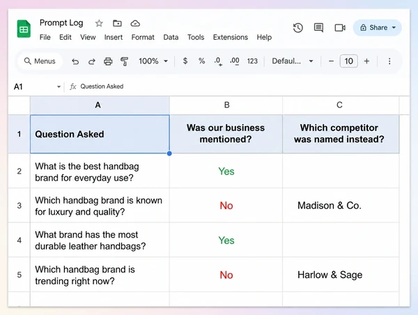 A Google Sheets prompt log for a handbag brand showing which questions mentioned the business