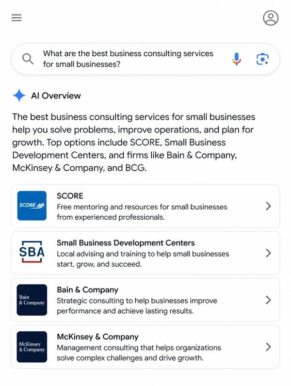 Mobile AI overview answering a business services question with its sources listed