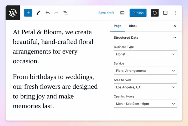 A WordPress editor for a florist page with four structured data fields filled in