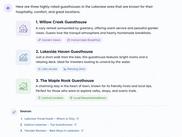 AI assistant answer recommending three guesthouses with cited sources