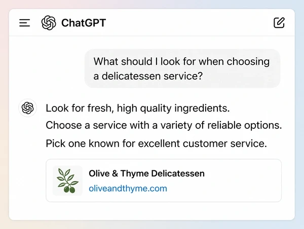 A ChatGPT answer about a delicatessen service citing the business as its source
