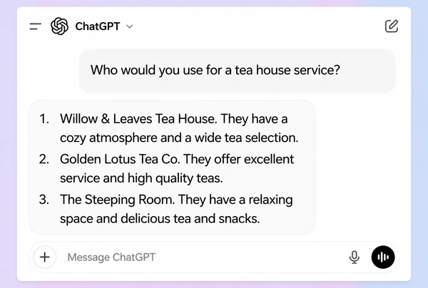 A ChatGPT answer naming three businesses in reply to a question about a tea house service