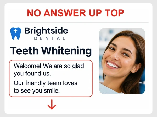 Brightside Dental opens its Teeth Whitening page with Welcome, we are so glad you found us instead of an answer
