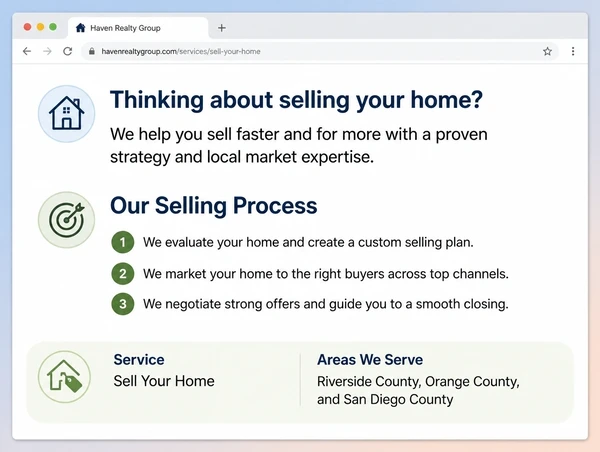A real estate service page answering two customer questions in plain headings and short text