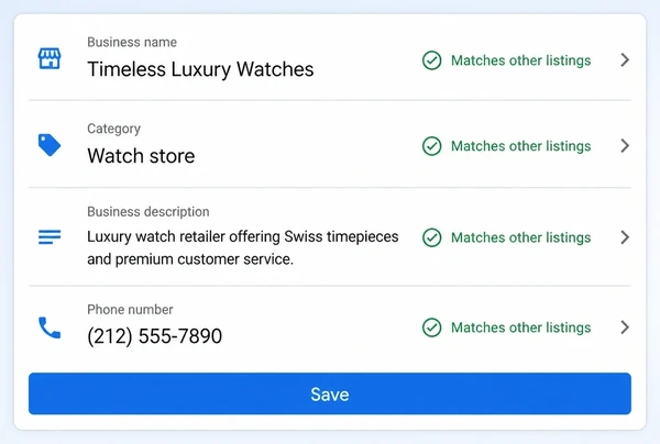 A Google Business Profile information screen for a luxury watch retailer with four matched, ticked fields