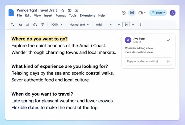 A Google Docs draft for a travel agency with three question headings and a short answer under each