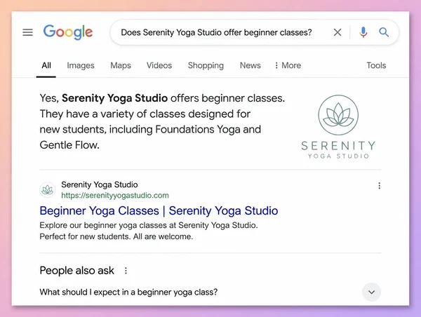 A Google results page where a generated answer about a yoga studio service names the business