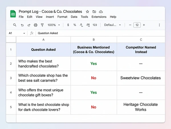 A Google Sheets prompt log for a chocolate maker showing which questions mentioned the business