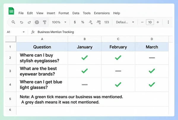 A Google Sheets tracker for an eyewear brand showing three questions checked across three months