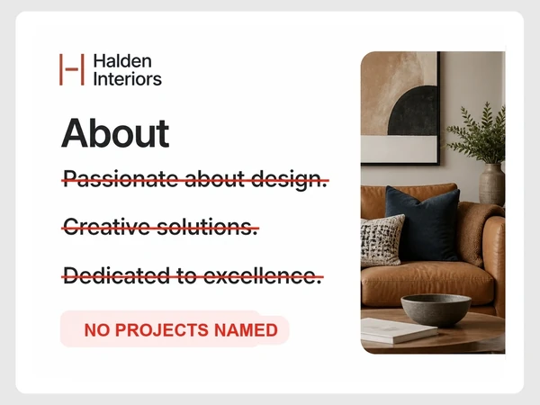 Halden Interiors crosses out Passionate about design, Creative solutions and Dedicated to excellence, with no projects named