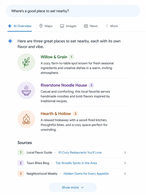 Mobile AI overview answering where to eat, with its sources listed