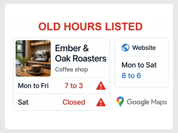 Ember & Oak Roasters lists Monday to Friday 7 to 3 and Saturday closed, while its website says Monday to Saturday 8 to 6