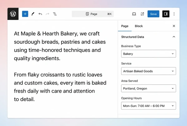A WordPress editor for an artisan bakery page with four structured data fields filled in