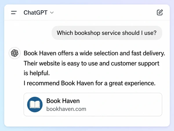 A ChatGPT answer about a bookshop service citing the business as its source