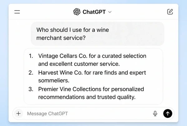 A ChatGPT answer naming three businesses in reply to a question about a wine merchant service