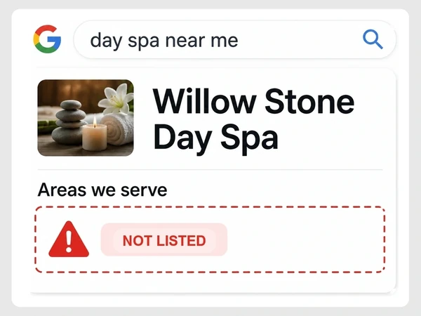 Willow Stone Day Spa has an empty Areas we serve box below a day spa near me search, marked Not Listed