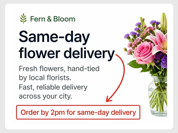 Fern & Bloom places Order by 2pm for same-day delivery at the bottom of its flower delivery page