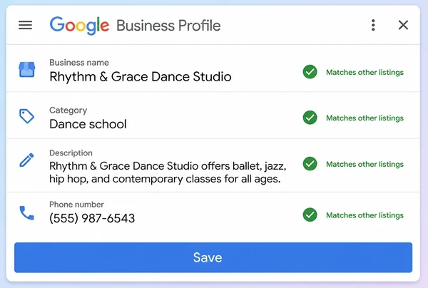 A Google Business Profile information screen for a dance studio with four matched, ticked fields