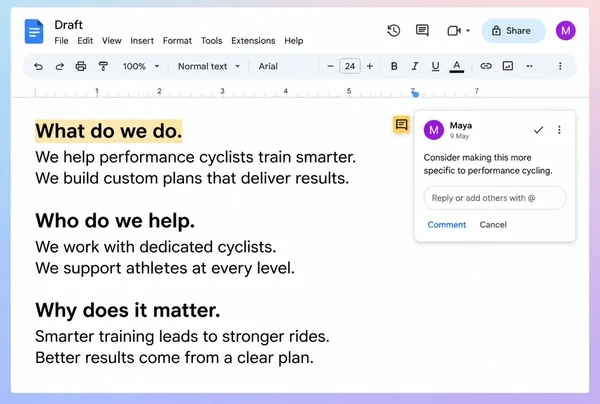 A Google Docs draft for a performance cycling shop with three question headings and a short answer under each
