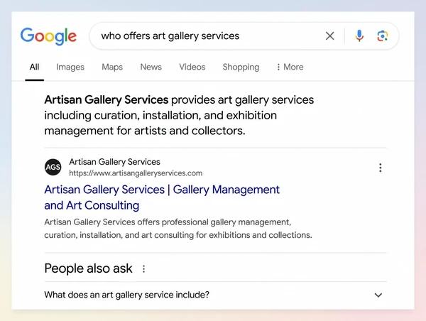 A Google results page where a generated answer about an art gallery service names the business