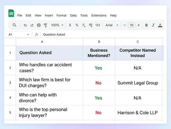 A Google Sheets prompt log for a law practice showing which questions mentioned the business