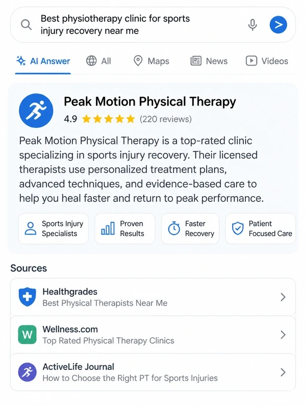 Mobile AI search answer recommending a physiotherapy clinic with its sources