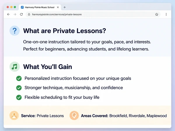 A music school service page answering two customer questions in plain headings and short text