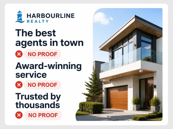 Harbourline Realty marks The best agents in town, Award-winning service and Trusted by thousands with No Proof tags