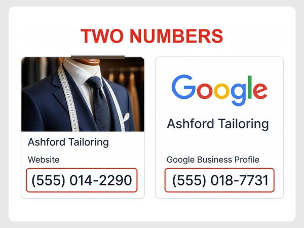 Red TWO NUMBERS heading over Ashford Tailoring panels: website with tailored suit photo, (555) 014-2290, and Google Business Profile, (555) 018-7731, both outlined red.