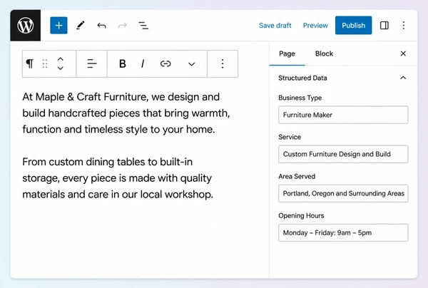 A WordPress editor for a furniture maker page with four structured data fields filled in