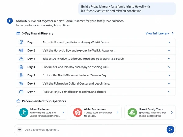 AI assistant answer building a trip itinerary and naming three tour operators