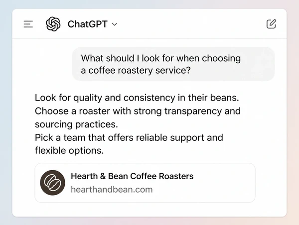 A ChatGPT answer about a coffee roastery service citing the business as its source