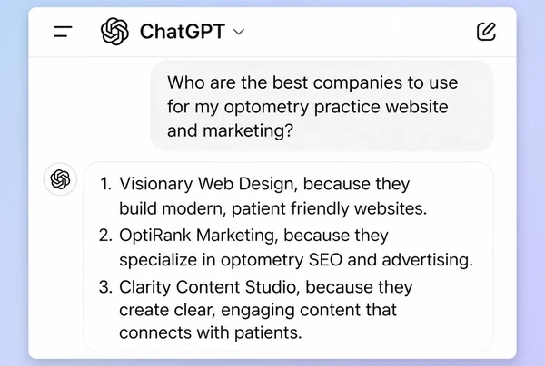 A ChatGPT answer naming three businesses in reply to a question about an optometry practice service