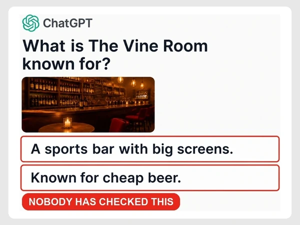 ChatGPT describes The Vine Room as a sports bar with big screens known for cheap beer, tagged Nobody Has Checked This