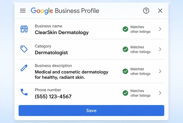 A Google Business Profile information screen for a dermatology clinic with four matched, ticked fields