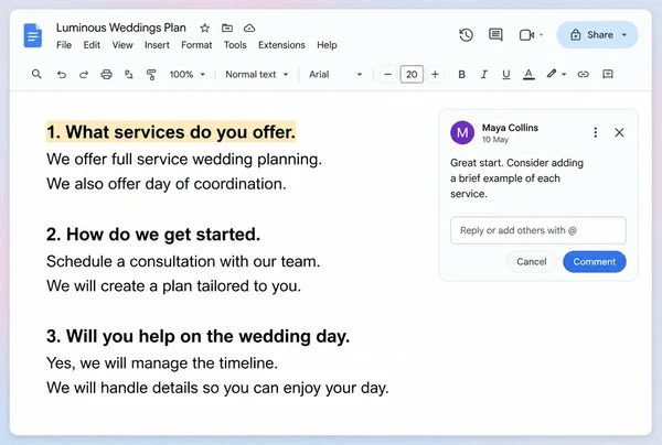 A Google Docs draft for a wedding planner with three question headings and a short answer under each