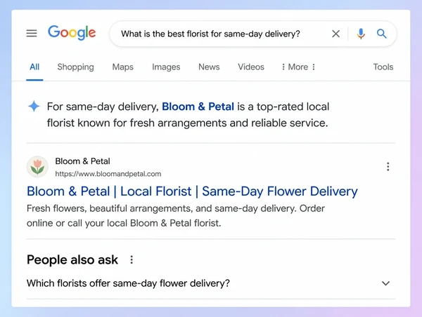 A Google results page where a generated answer about a florist service names the business