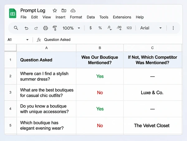 A Google Sheets prompt log for a fashion boutique showing which questions mentioned the business