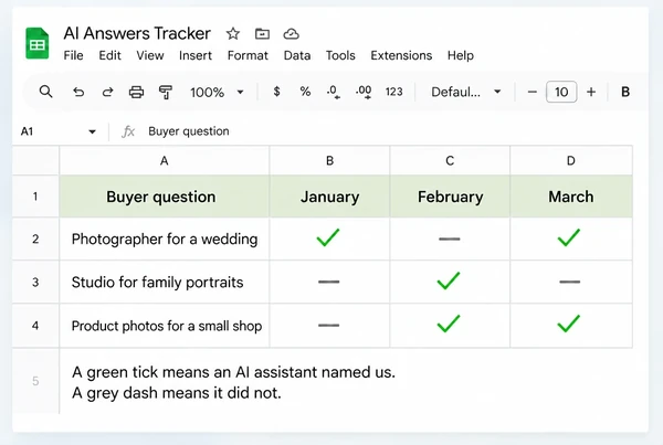 A Google Sheets tracker for a photography studio showing three questions checked across three months