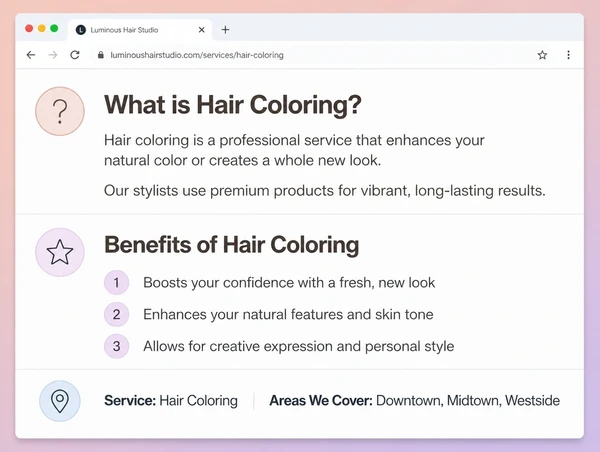 A hair salon service page answering two customer questions in plain headings and short text