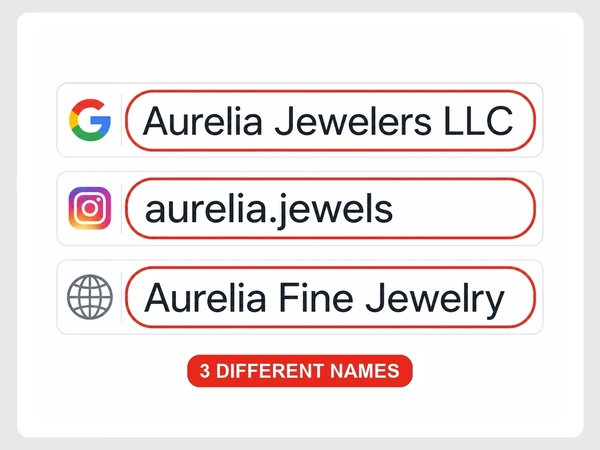 One store appears as Aurelia Jewelers LLC, aurelia.jewels and Aurelia Fine Jewelry across Google, Instagram and its website