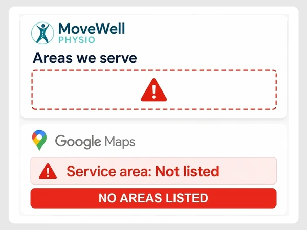 MoveWell Physio has an empty Areas we serve box and a Google Maps service area marked Not listed