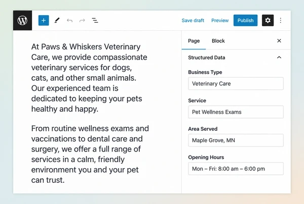 A WordPress editor for a veterinary practice page with four structured data fields filled in