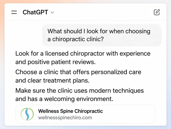 A ChatGPT answer about a chiropractic clinic service citing the business as its source