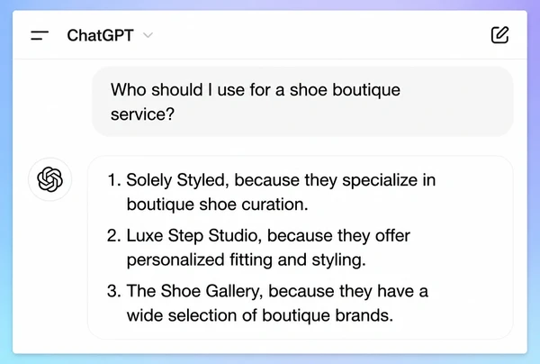 A ChatGPT answer naming three businesses in reply to a question about a shoe boutique service