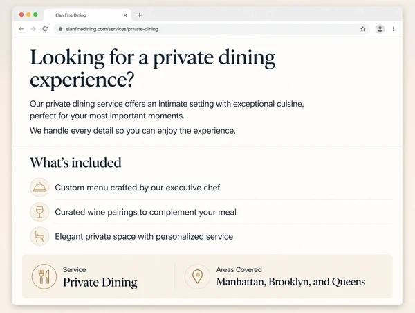 A fine dining restaurant service page answering two customer questions in plain headings and short text