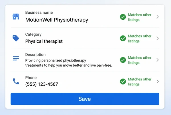 A Google Business Profile information screen for a physiotherapy practice with four matched, ticked fields